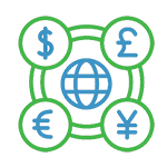 Foreign currency icon indicating requirement for global merchant purchases